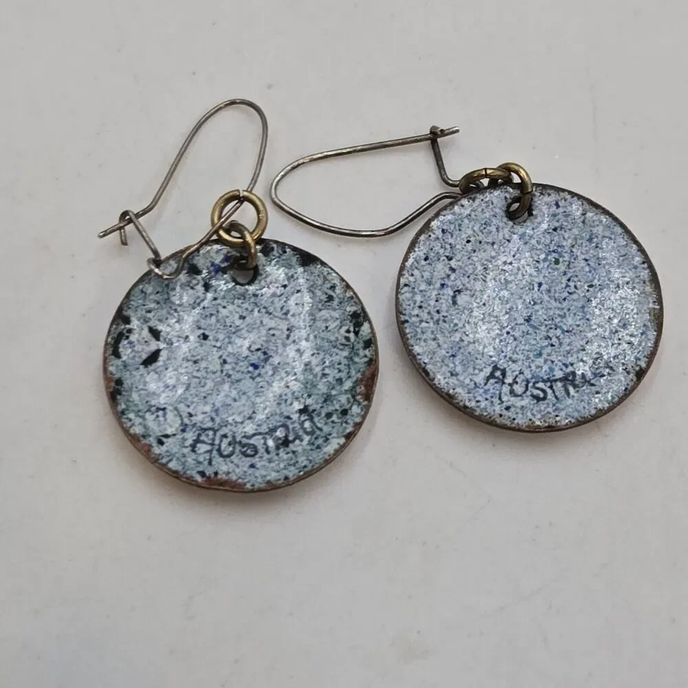 Vintage Austrian Earings Enameled On Copper Flowers Dangle Folk Art
